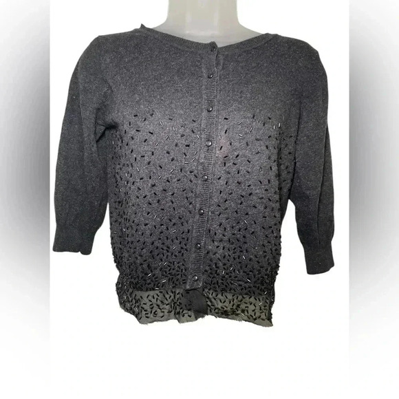 Adolfo Dominguez Gray Beaded Chiffon Hem Cropped Cardigan Size Small - Picture 2 of 8